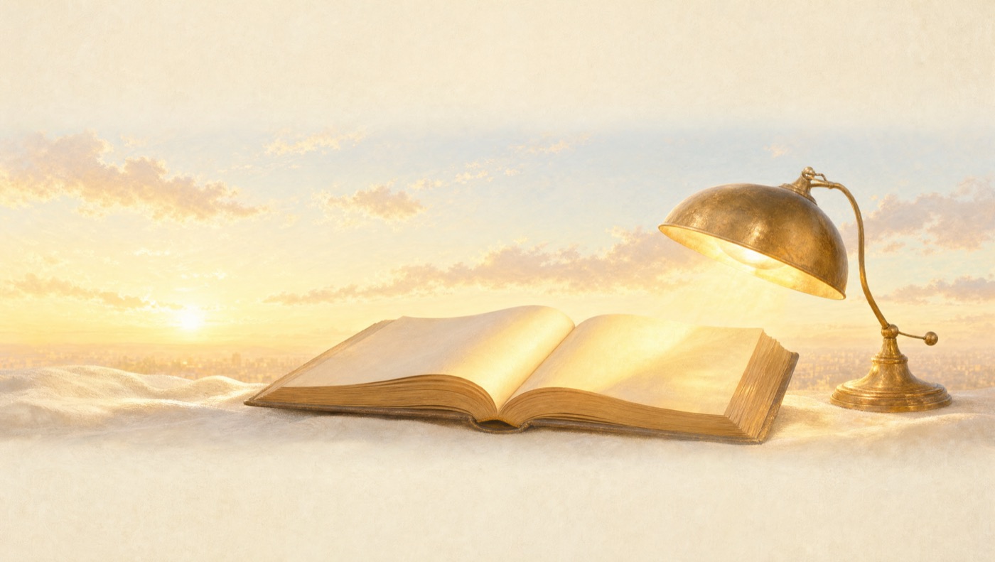Un livre ouvert sous une lampe de laiton, dans la lumière du matin