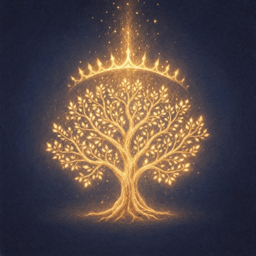 Emblème du niveau 10 : arbre majestueux en pleine lumière