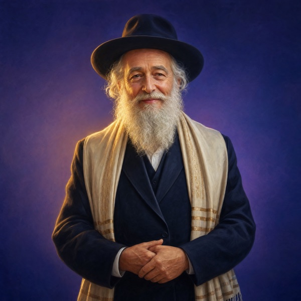 Portrait illustré du rav, sage chaleureux au châle de prière